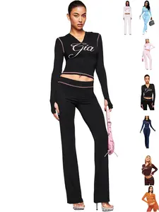 Fashion Women's Printed Hooded Long Sleeve Thumb Hole Micro Bell Two-Piece Set, New Style Solid Color Sexy Open Collar Two-Piece Set
