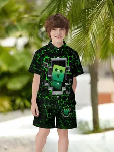 Summer Beach Vacation Sun Minecraft Enderman Fluorescent Crack Print Kids Shorts Shirt Set, Casual Fitted Short Sleeve Top