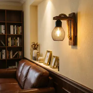 Vintage Industrial Hemp Rope Hanging Wooden Wall Lamp, Metal Shade, Indoor Decorative Light, Suitable for Bedroom Living Room Hallway (bulb Not Included)