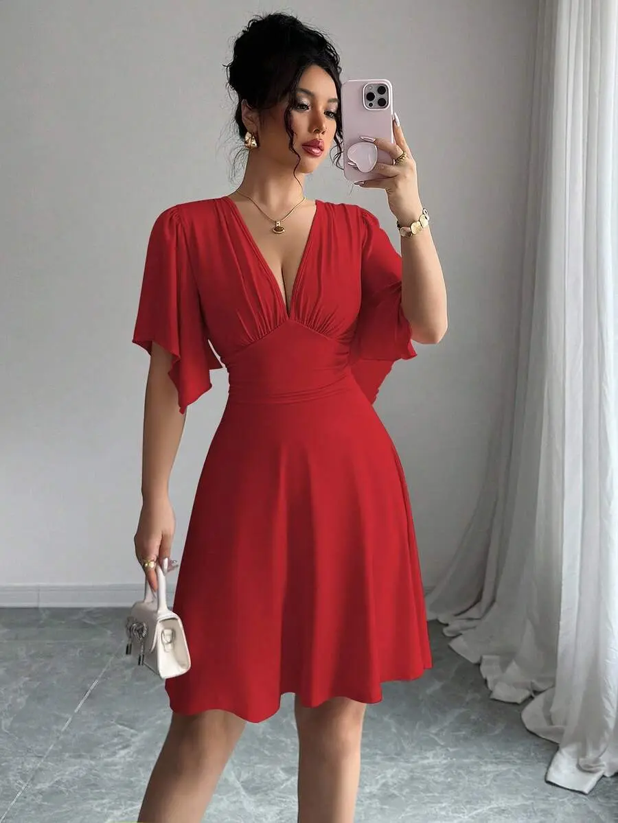 New V-Neck Ruched Bust Ruffled Sleeve Waist Cinched Elegant Mini Dress For Women, Flattering & Slimming