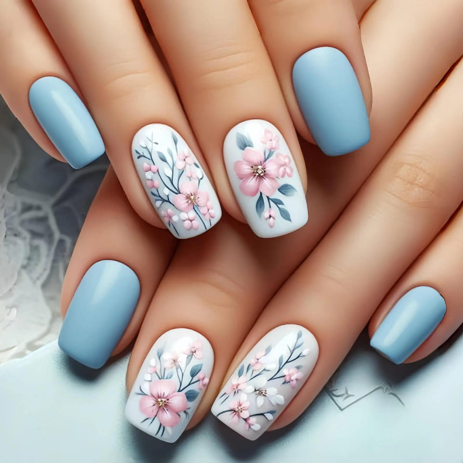 24Pcs Blue White False Nails Cozy Garden Blooming Flower Leaf  Acryli Nail Short Square Press on Nails Colorful Summer Fake Nail