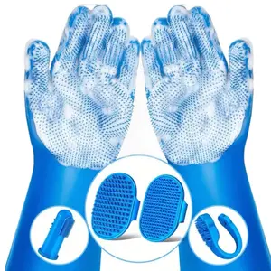 Pet Grooming Kit 6-in-1 - Silicone Dog Washing Gloves Bath Brush Toothbrush & Grooming Tools for Easy Pet Care Blue Set