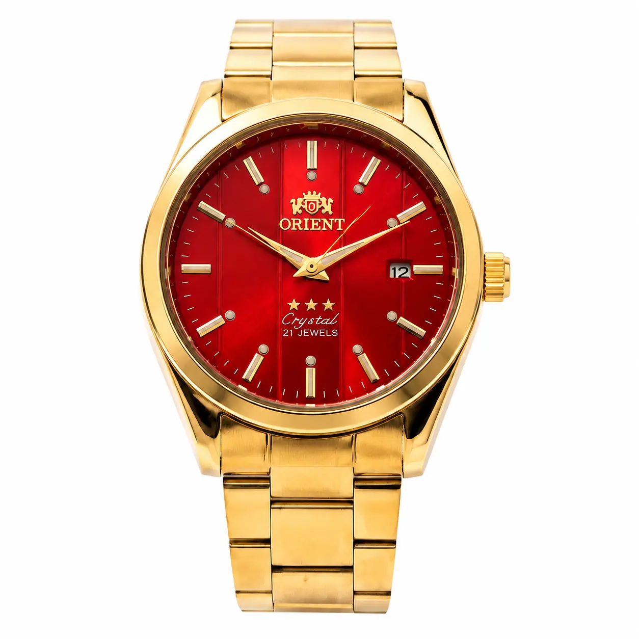 Men’s 3‑Star Series Automatic Watch, All‑Gold Stainless Steel Bracelet, Vibrant Red Dial, 21‑Jewel Movement, Luminous Markers, Date Display, Business Casual Mechanical Wrist Watch