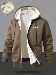 Men's Hooded Fleece Jacket, Classic Colors, Soft Lamb Velvet Lining, Nasa Print, Casual Winter Outerwear, Warm & Comfortable