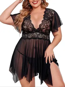 Women's Plus Size Oversized Lace Floral Ditsy Nightgown, Sexy Sleepwear Loungewear, One-Piece Gown, Deep V Neck, Mesh Material Lightweight, Includes Thong, All Seasons