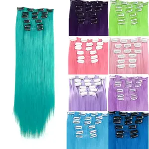 Aluna Straight Hair Clip in Extensions 24 Inch Full Head Synthetic Hairpieces 6PCS Lightweight Tangle-Free Stylish Long Straight Hairpieces for Women in Green Purple Pink Red