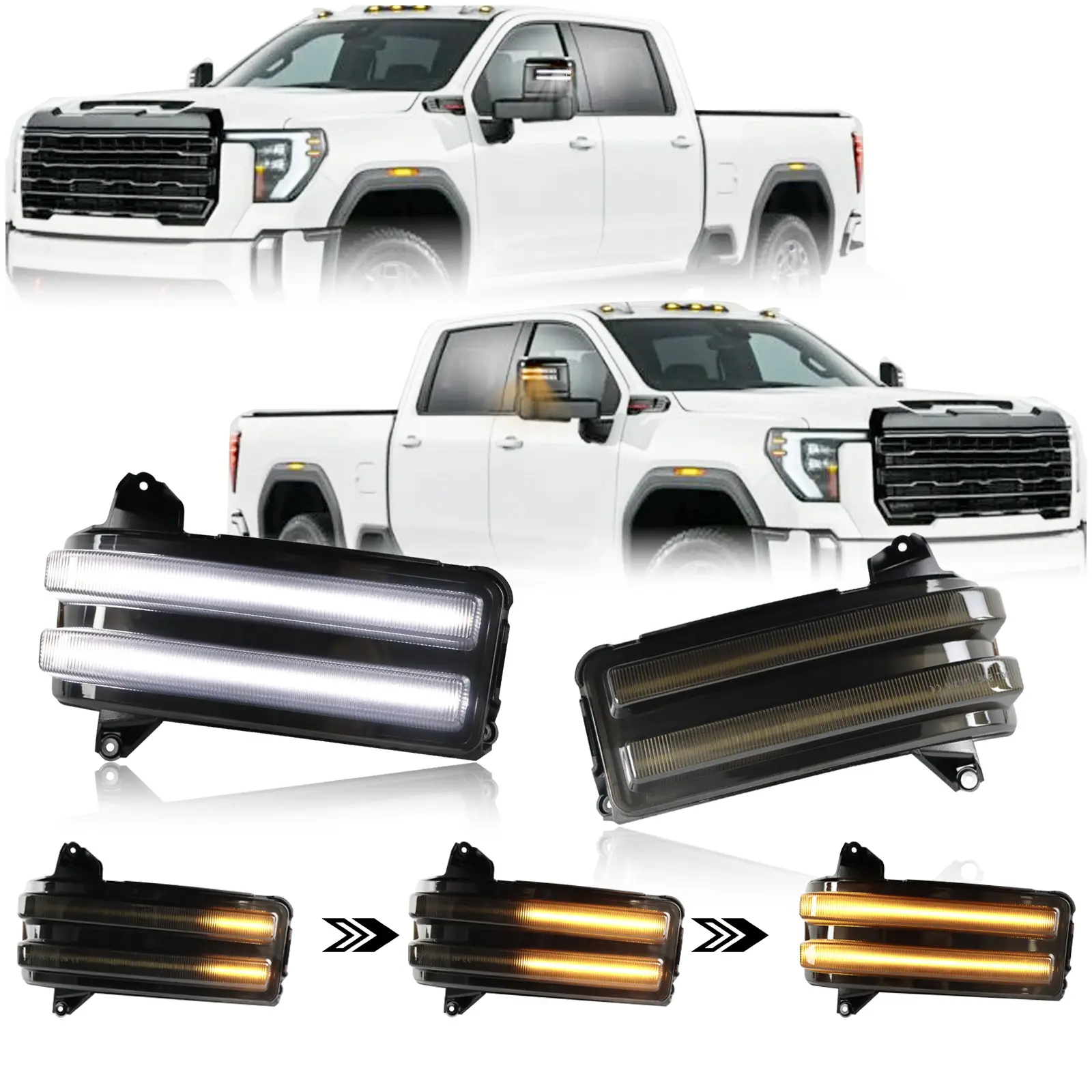 Smoke Sequential Side Mirror Marker LED Lights with 4014 LED SMD Strips, CAN-Bus Controller, ABS Housing & Dual-Mode Switchback for 2020-2024 Silverado & GMC Sierra 2500HD 3500HD (White DRL, Amber Turn Signal Blinker Indicator Assembly), Easy Install, Led