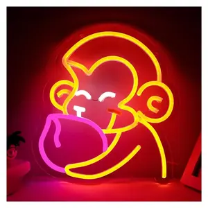 Sign Illuminated Cartoon Monkey Peach Neon Sign For Wall Aesthetic Decor Lights Room Birthday Party Bedroom 27cmX31cm Sign Illuminated