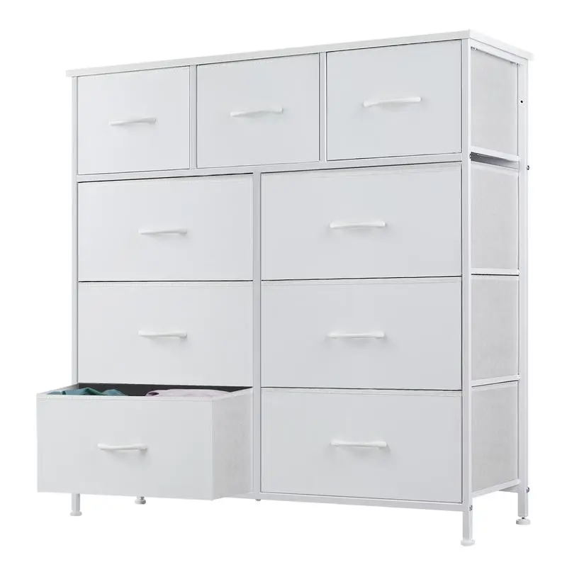 White Modern Dresser with 9 Storage Drawers - Space Saving Drawer Storage Cabinet, Anti-Tip Tall Fabric Chest Organizer with Wooden Top, Metal Frame for Bedroom, Kids Room Clothes | Space Saving Furniture, Modern Dressers