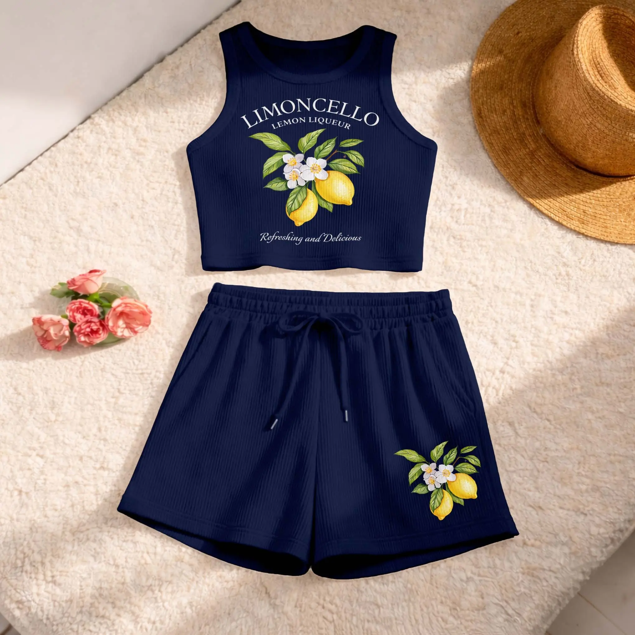Women's Lemon Print Sleeveless Tank Top And Drawstring Shorts Set, Casual Summer Sportswear Two Piece Outfit, Ribbed Knit Tank And Shorts Set For Everyday Wear