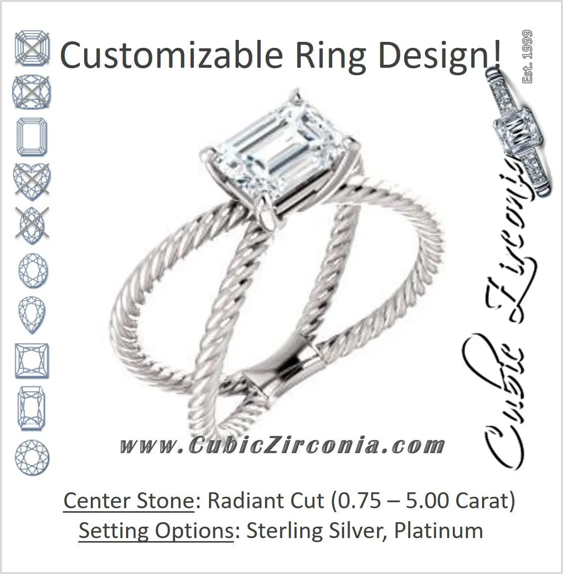 Cubic Zirconia Engagement Ring- The Zaylee (Customizable Radiant Cut Solitaire with Wide Rope-Braiding "X" Split Band)