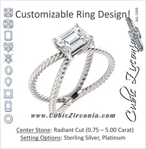 Cubic Zirconia Engagement Ring- The Zaylee (Customizable Radiant Cut Solitaire with Wide Rope-Braiding "X" Split Band)