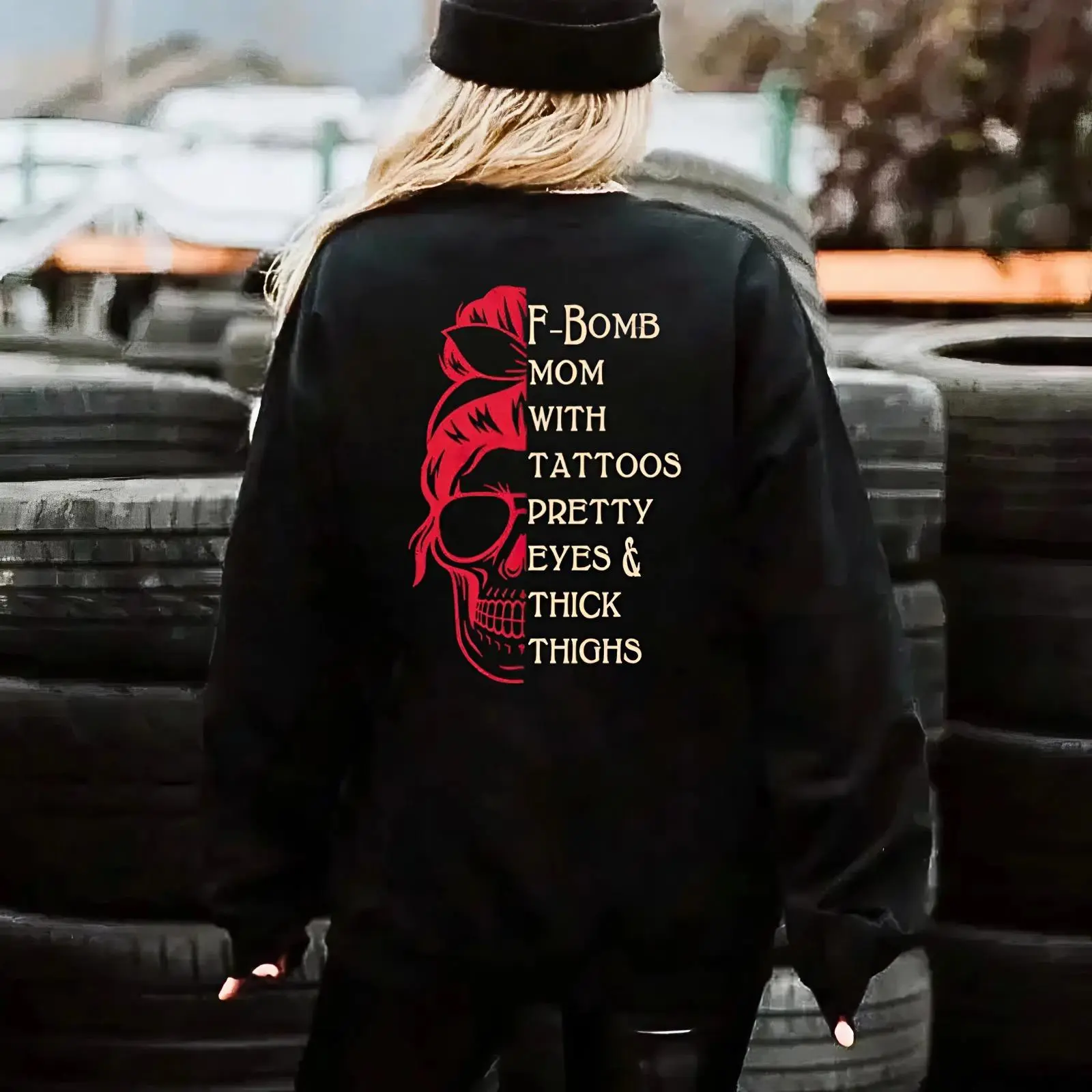 Lady Skull Print Women's MOM WITH TATTOOS PRETTY EYES &THICK THIGHS T-Shirt Sweatshirt Hoodie