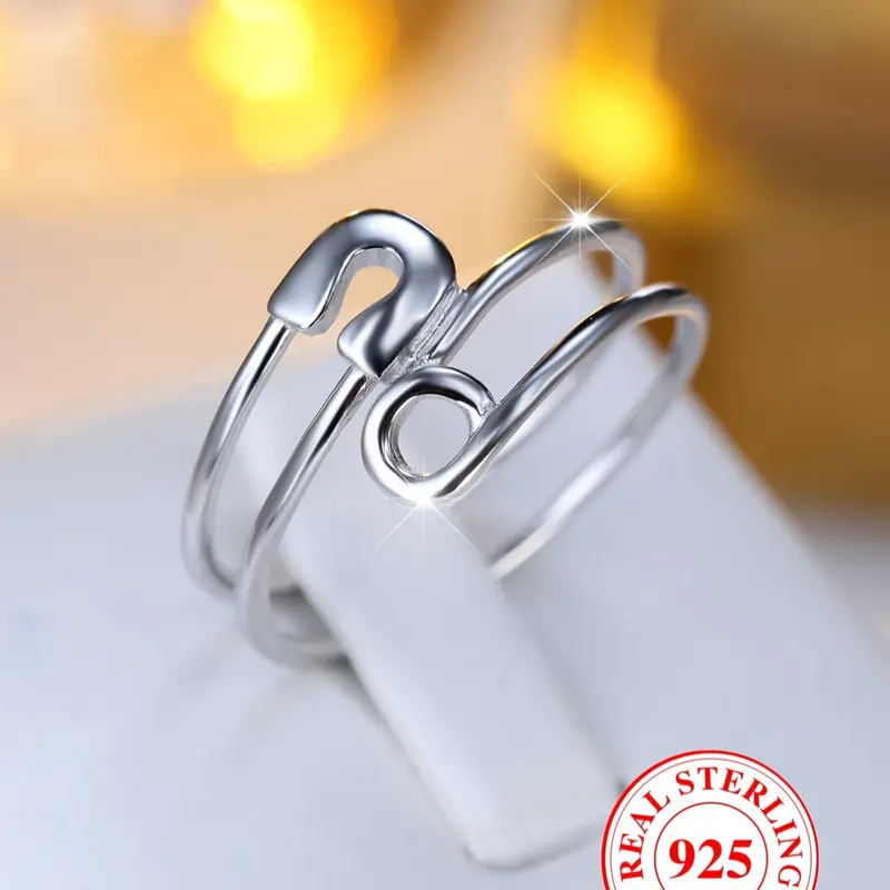 925 Sterling Silver Vintage Safety Pin Design Ring, Vintage Inspired Ring, Adjustable Open Ring, Fashion Jewelry Accessories for Women and Girls, Trendy Versatile and Exquisite Jewelry for Birthday Gift, Statement Rings, Unique Ring