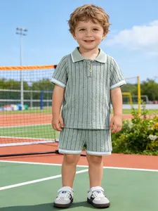 Toddler Boys' Knit Striped Short Sleeve Polo Shirt + Elastic Shorts Set, Summer Casual Fashion, Fits 1-6 Years, Perfect for Parties or Gifts, Striped Sets