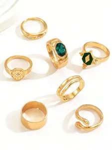 7-Piece Light Luxury Gold Ring Set, Vintage Emerald & Geometric Style, Stackable Trendy Fashion Rings