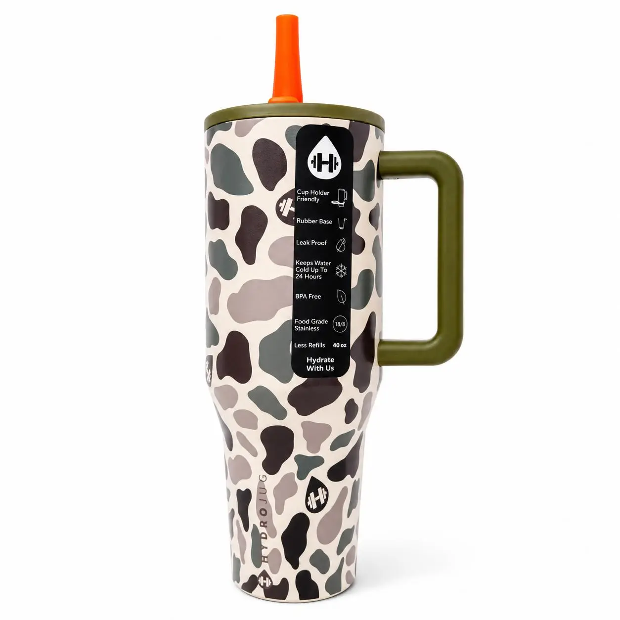 HydroJug Women's 40oz Aesthetic Hydro Camouflage Insulated Stainless Steel Vacuum Tumbler - Leakproof Portable Beach Water Bottle with Straw, Lid, Car Mug