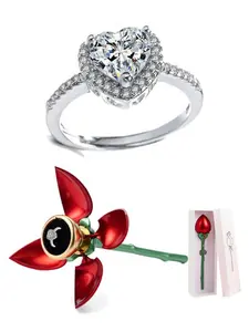 Heart Shaped Ring with Rose Flower Gift Box, Elegant Rhinestone Decorated Ring, Fashion Accessories for Women, Perfect Gift for Her, Fashion Heart Rings