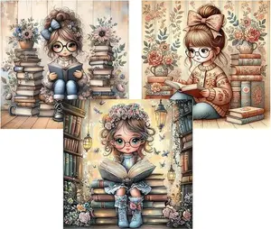 Cute Reading Girl 3-Pack Diamond Painting Kit - Floral Book Stack Rhinestone Art, Full Drill DIY Wall Decor