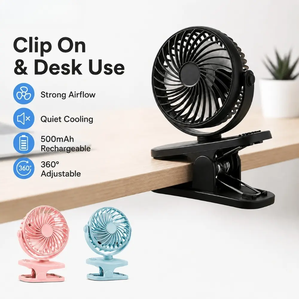 1pc USB Rechargeable Clip-On Mini Desk Fan - 360° Rotatable, Strong Airflow, Quiet Cooling, Portable Personal Fan for Camping, Office Desk, Stroller