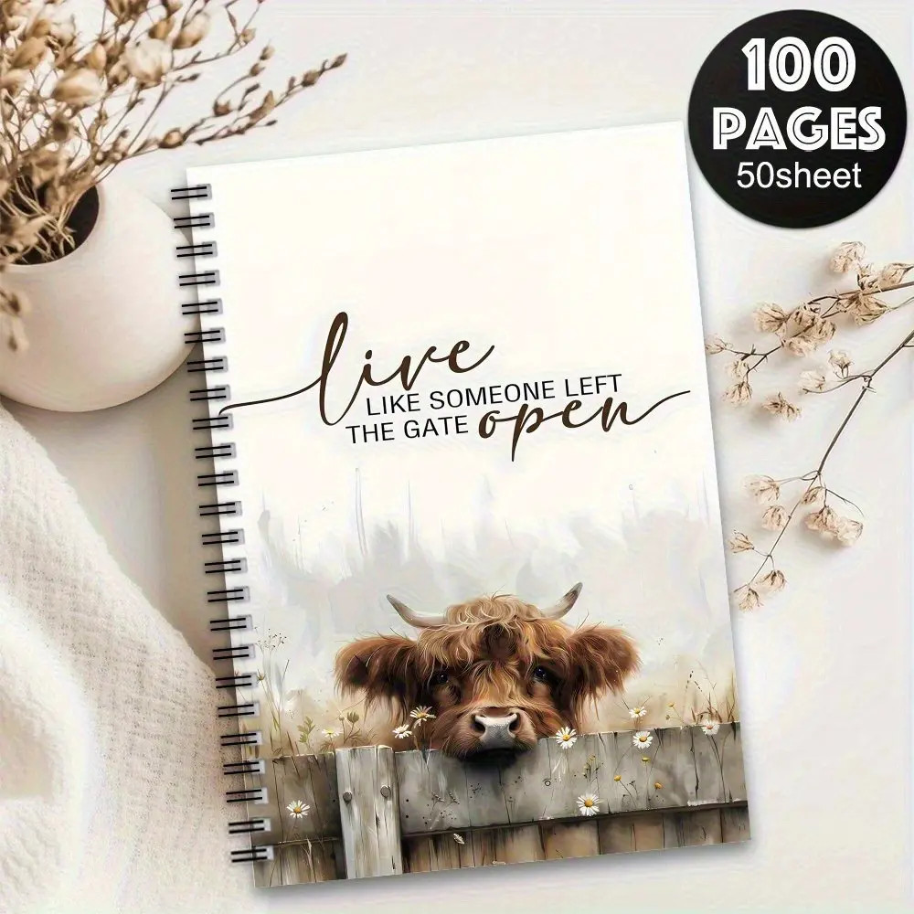 1 Package, Scottish Highland Cattle Spiral Coil Notebook Journal, Journals For Writing, Spiral Bound Notepad with Floral Ranch Design - Pastel Farm Portable Diary, Spiral Binding, Suitable for School, Office, Travel - Gift for Animal Lovers and Farmers