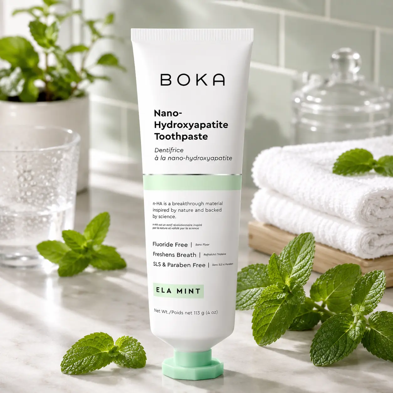 Boka Green Tea Ela Mint Toothpaste - Fluoride-Free, Nano Hydroxyapatite Formula - For Sensitive Teeth - Adult Oral Care - 4 Oz, 1PK