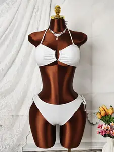 Women's Solid Color Bikini Top and Bottom Set, Fashion Swimsuit, Drawstring Ruched Bikini, Perfect for Vacation and Beach Wear, Comfortable Fit for All Body Types