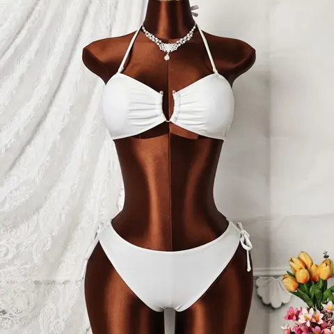 Women's Solid Color Bikini Top and Bottom Set, Swimsuits Set, Fashion Swimsuit, Drawstring Bathing Suits, Drawstring Ruched Bikini Bottoms, Perfect for Vacation and Beach Wear, Swimsuit Beachwear