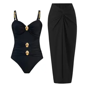 Women's 2-Piece Slim Belly-Covering Swimdress Set, Soft Beaded Solid Color Bikini with Metal Buckle and Matching Black Skirt