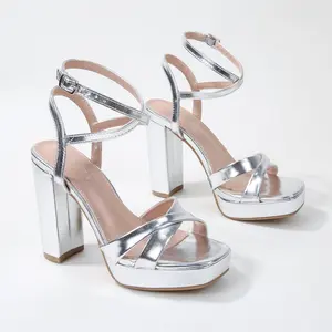 BERNESS Women's Elegant Crisscross Straps Platform Block Heel Sandals - 5in Ankle Strap, Cushioned Memory Foam PU Leather Insole, Square Toe Decor Party Wear Heels