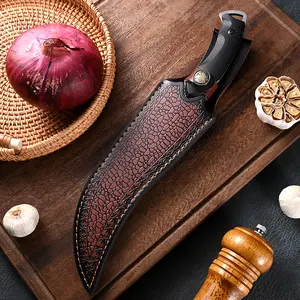 Art Eagle Wing Etched Fixed Blade Utility Knife, Ergonomic Textured Handle with Handcrafted Embossed Brown Leather Sheath, Multipurpose Kitchen Food Prep Knife for Meat Cutting, Outdoor Camping & Collector Display Gift for Knife Enthusiasts