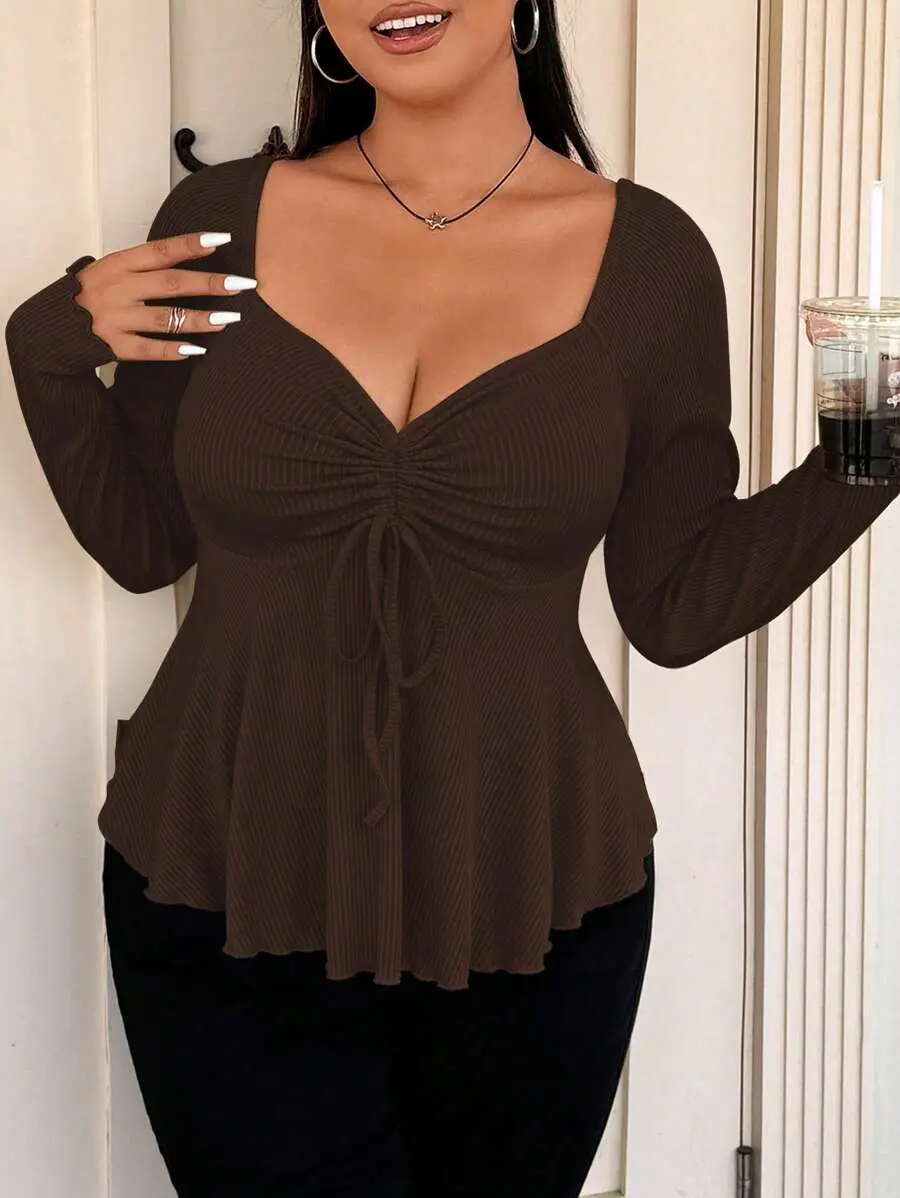 Vionelle Sweetheart Collar Front Drawstring Ribbed Long Sleeve T-Shirt, Plus Size Fall Cloth for Women