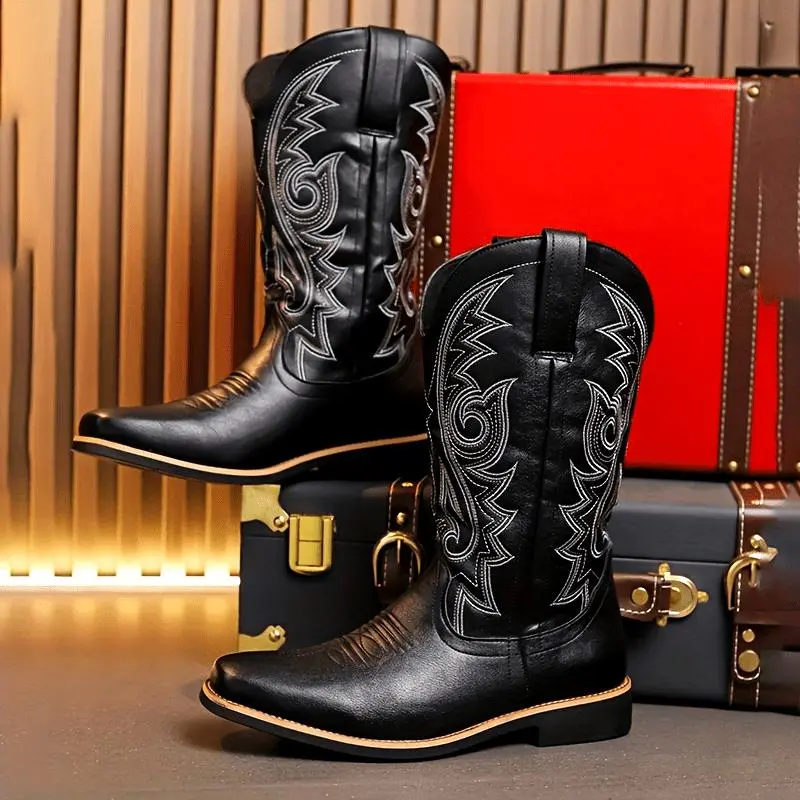 Mid-CalfHigh-TopMen'sVintageWesternCowboyBoots-SolidColor,RubberSole,PUInsole,FashionDenimEmbroidery,Slip-OnClosureforHiking,Outdoor,DailyCasual,EquestrianSports-All-SeasonSpringFootwear