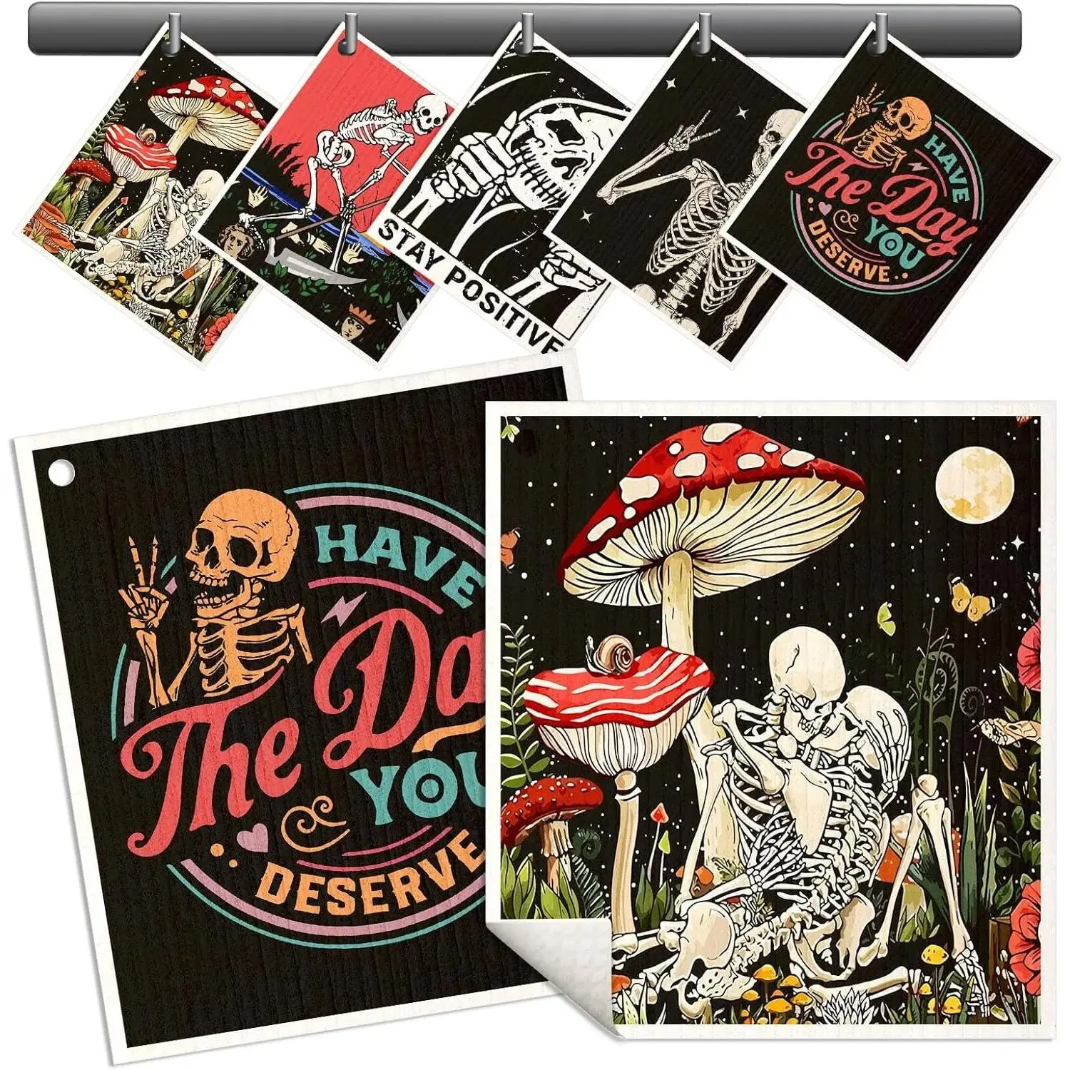 5-Pack Cotton Reusable Swedish Dishcloths - Skull Pattern Kitchen Cleaning Napkins, Washable, Absorbent, Fast-Drying, Odor-Free, 7x8 in, Ideal for Birthday & Holidays, 7" X 8"