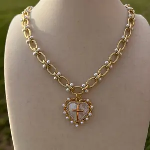 Elegant Gold Chain Necklace with Heart Pendant and Cross Charm for Women