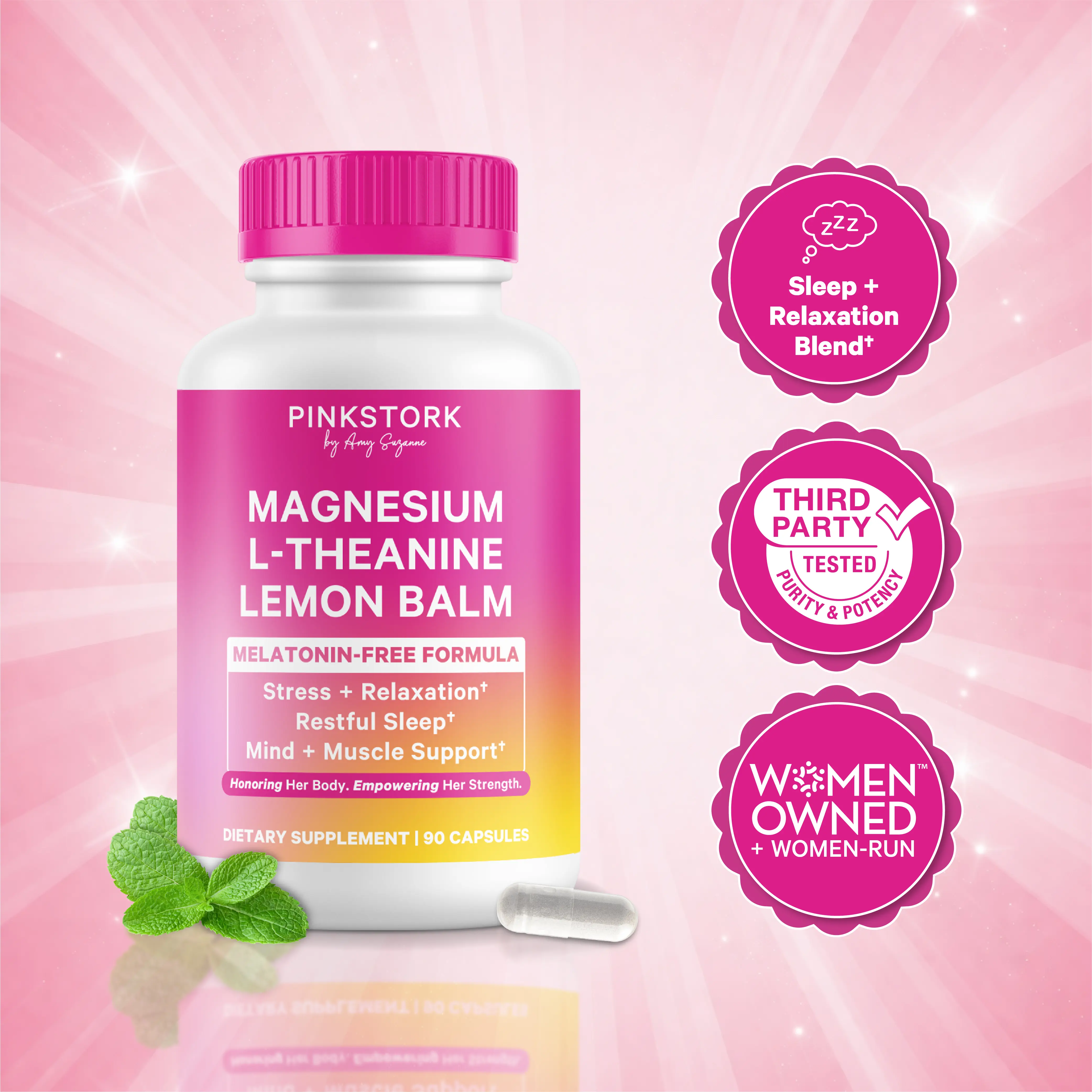 Pink Stork Sleep Support | Magnesium Glycinate + L-Theanine | Gentle Focus + Relaxation | Melatonin-Free Essential Minerals Supplement Clean Fitness Supplement