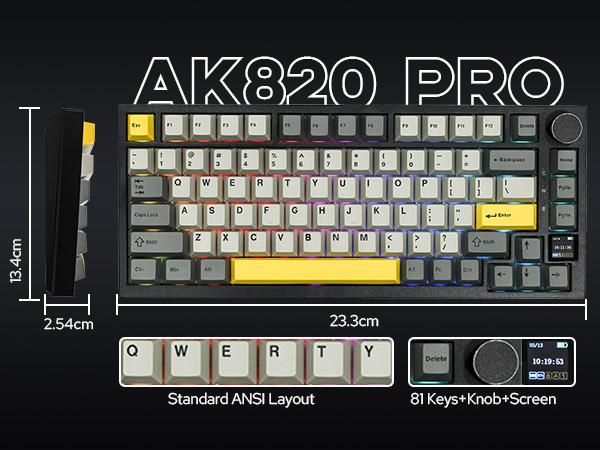 Ajazz AK820 Pro 75% Compact Mechanical Keyboard with TFT Screen and Wireless/Wired Connectivity Hot-Swappable Tri-Mode USB-C/BT 5.0/2.4GHz Gaming South-Facing RGB Backlit gaming accessories keyboards for gaming creamy keyboard TikTokShopSpringGlowUp