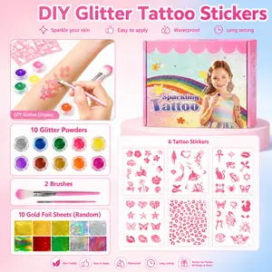 DIY Glitter Tattoo Stickers Kit –Waterproof  Sparkle Temporary Tattoo Set (10 Glitter Powders + 6 Sheets + Brushes)