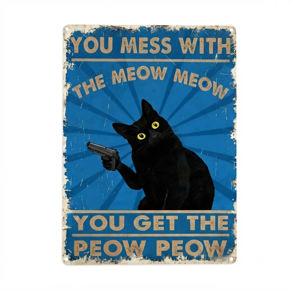 Funny "You Mess With The Meow Meow" Vintage Metal Sign, 8x12"/12x16" Cat Wall Art Decor for Home, Bar, Kitchen - Funny Cat Lover Gift