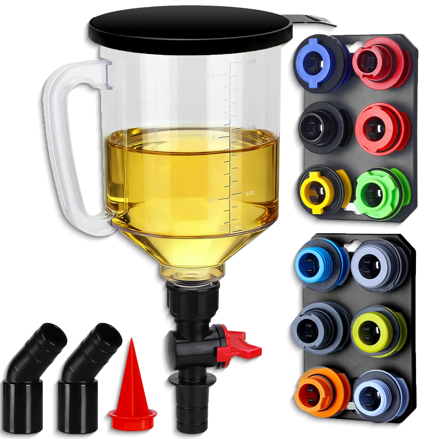 DARK DUCK 18-Piece Universal Oil Funnel Kit with 12 Color-Coded Adapters, Magnetic Storage Trays & 45° Elbow Extensions – Fits Most Domestic & Import Vehicles for Engine Oil, Coolant & Fluid Filling
