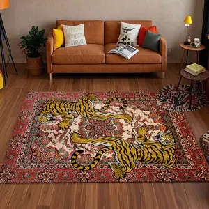 Boho Style Tiger Pattern Rug, Non-slip Soft Floor Mat, Decorative Carpet for Home Living Room Bedroom, Vanity Decor Accessories