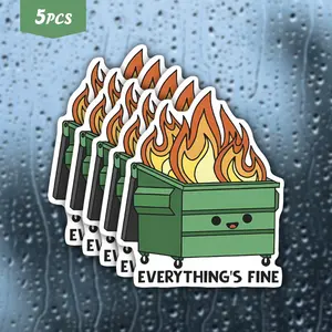 5Pcs "Everything's Fine" Dumpster Fire Waterproof Vinyl Sticker, Cute Smiling Burning Dumpster Self-Adhesive Decal, Suitable For Water Bottles, Laptops, Journals, Ideal For Meme Fans, Relatable Humor Lovers And Sarcastic Vibe Enthusiasts