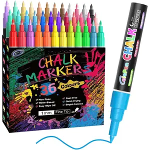 Extra Fine Tip Liquid Chalk Markers for Chalkboard, 36 Colors Window Liquid Chalk Marker Pens with 1mm Fine Tips, Washable Erasable Wet Erase Marker Pens Set for Bistro,  Glass, Poster, Blackboard