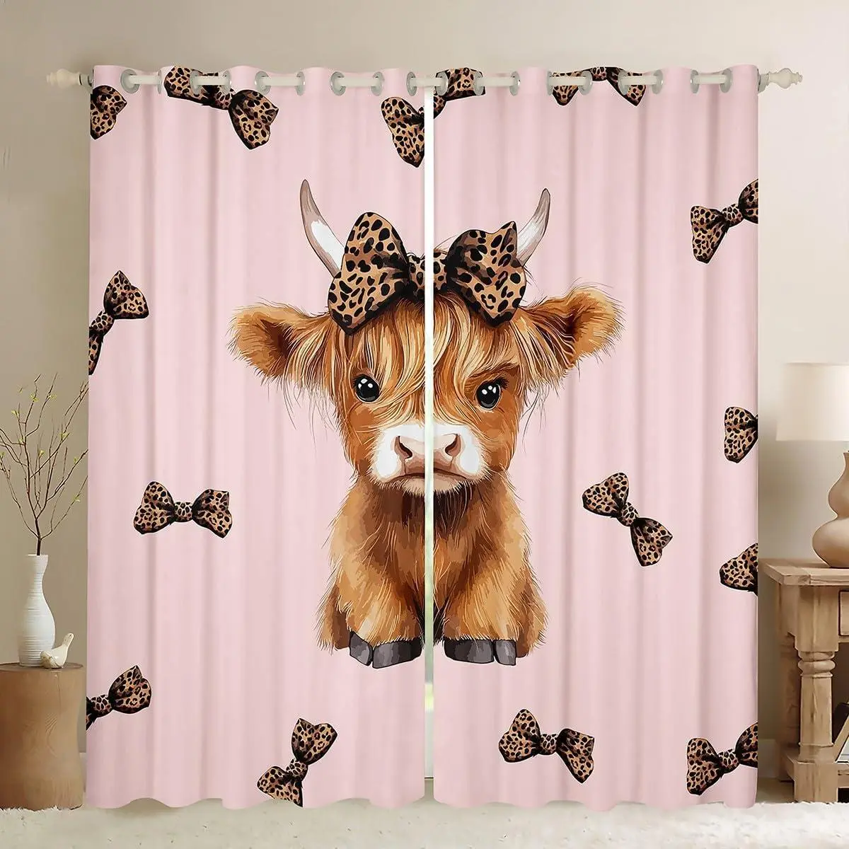 Pink Highland Cattle Curtains Bedroom Living Room Highland Cow Darkening Dreapes Bow Blackout Curtains Leopard Window Treatments