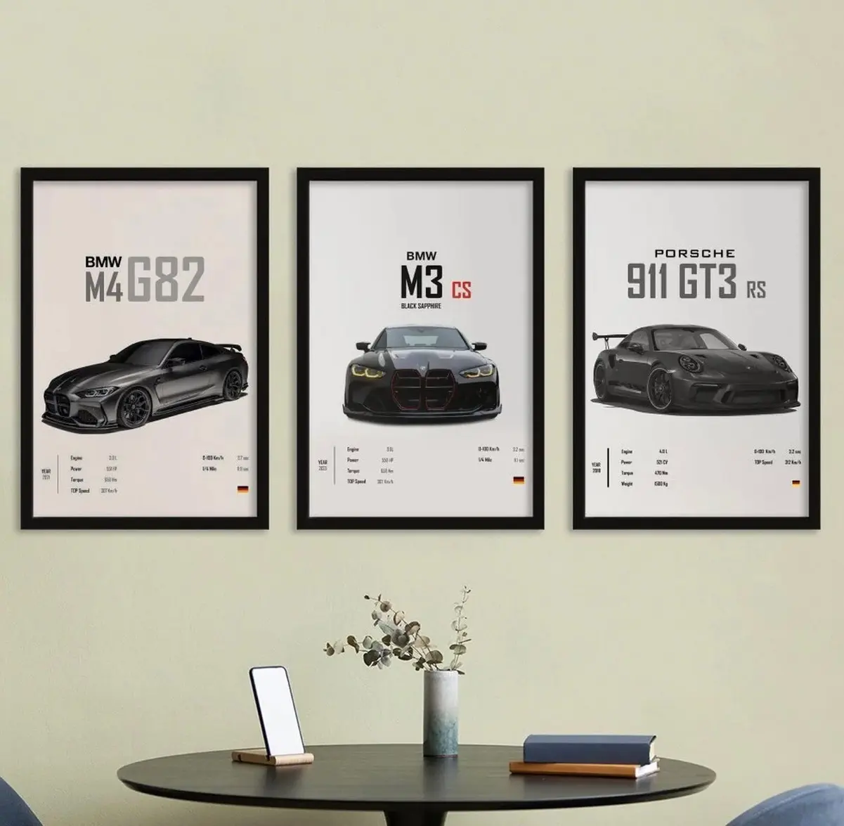 Luxury Supercar Posters with Black Frame, Wall Picture Decor for Home Bedroom, 3 Sets, 12x18in