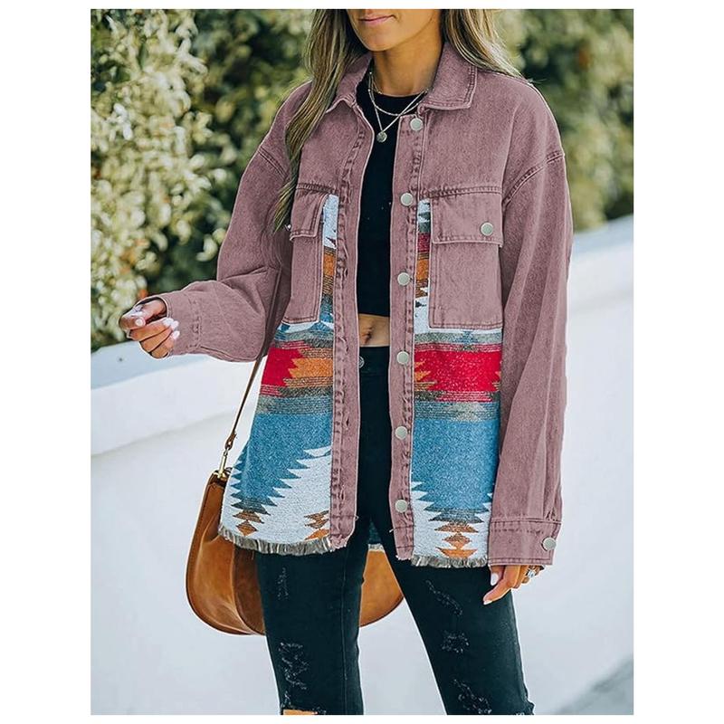 Women'S Vintage Western Jeans Jacket - Long Sleeve Button-front coat with, Non-Symmetric Patchwork design in Blue/Red/Beige/Black/White/Gray/, Mid-Length Transitional Jacket for Spring/Fall Casual Formal Outfits - Retro Western Style Outerwear, Denim Jack