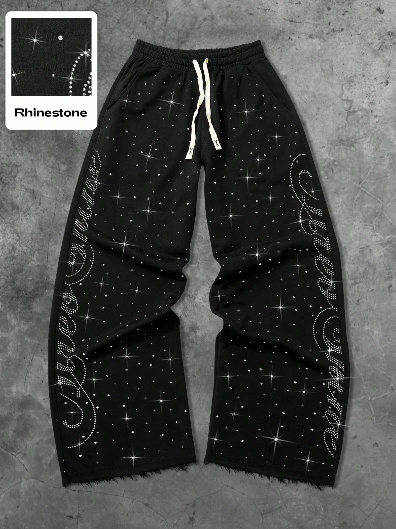 Men's Rhinestone Decor Casual Straight Leg Pants, Loose-Fitting Knit Bottoms for All Seasons, Daily Wear Pocket Design, Casual Fashion Trousers, Casual Street Style