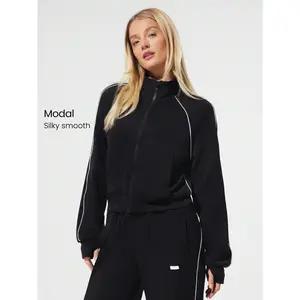 GLOWMODE SoftSerene Modal Contrast Piping Waist-Length Thumbholes Fitted Zip-Up Sweatshirt Daily Casual Wear oversized pocket