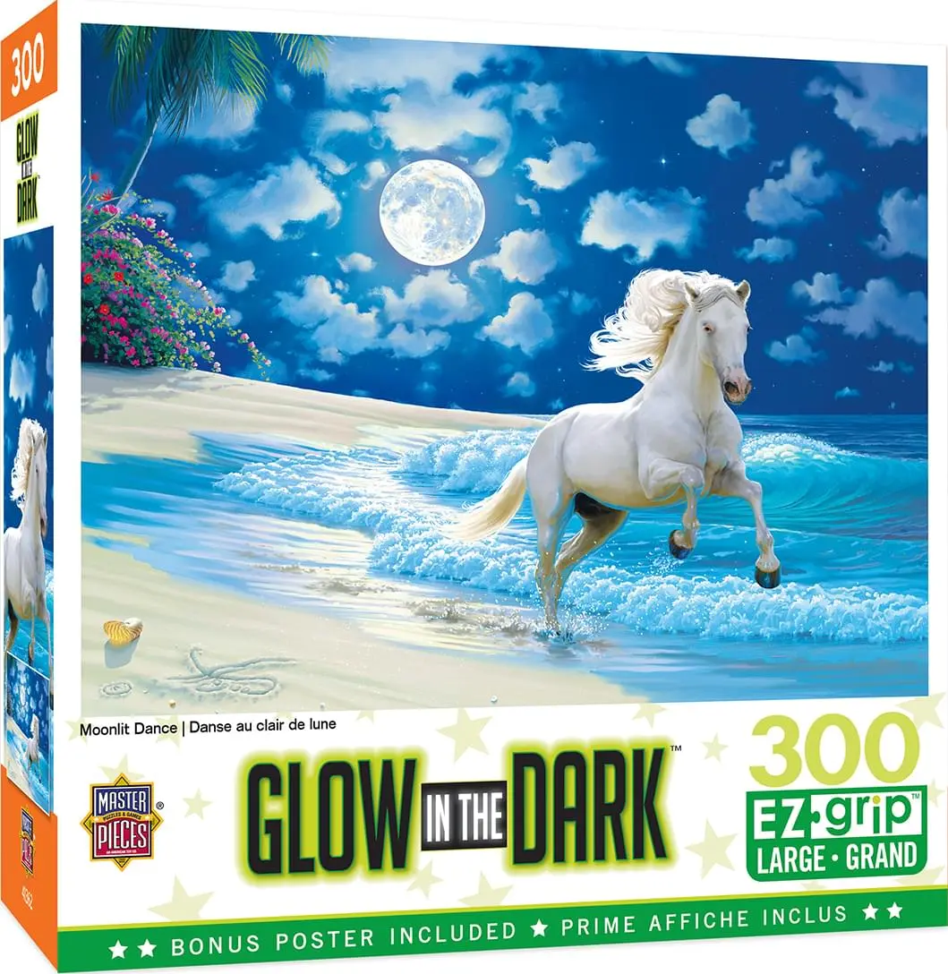 Moonlit Dance 300-Piece Large EZ Grip Glow In The Dark Jigsaw Puzzle, Extra Thick Recycled Puzzle Board, Hand Drawn Dyes, Random Cut Variety, Fun Challenge, Extra Thick Puzzle Board, Recycled Board