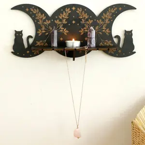 Wooden Moon & Cat Design Wall Mounted Shelf, Wall Hanging Rack, Wall Mounted Holder for Candle & Crystal, Home Decor for Living Room & Bedroom